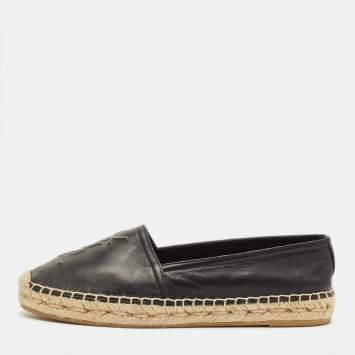 مملوكة مسبقًا Saint Laurent Cassandre Size 36.5 Black Leather Espadrille Flats