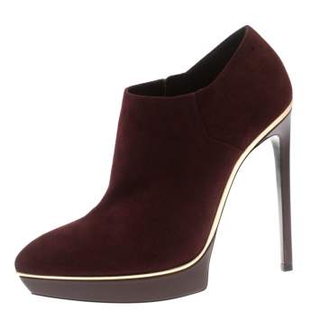 Pre Owned Saint Laurent Burgundy Suede Platform Ankle Booties Size 39.5
