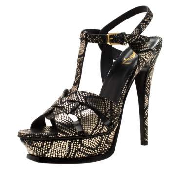 Pre Owned Saint Laurent Paris Metallic Black/Gold Python Embossed Leather Tribute Platform Sandals Size 39