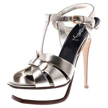 Pre Owned Saint Laurent Paris Metallic Gold Leather Tribute Platform Sandals Size 38