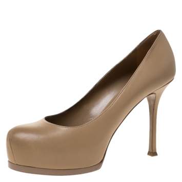 Pre Owned Saint Laurent Beige Leather Tribtoo Platform Pumps Size 40