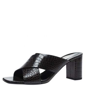Pre Owned Saint Laurent Paris Brown Croc-Embossed Leather Loulou Criss Cross Mules Sandals Size 41.5