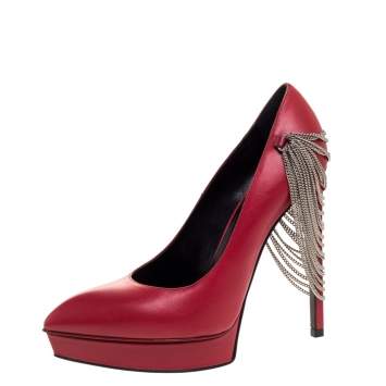 Pre Owned Saint Laurent Paris Red Leather Janis Chain Heel Platform Pumps Size 37.5