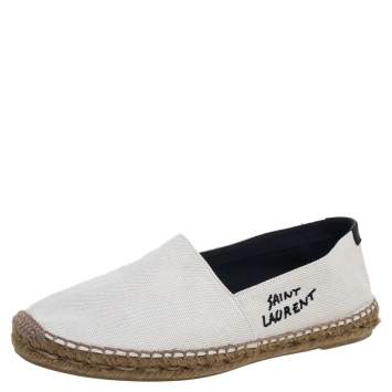 Pre Owned Saint Laurent White Canvas Logo Embroidered Flat Espadrilles Size 42