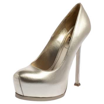 Pre Owned Saint Laurent Pale Gold Leather Tribtoo Platform Pumps Size 38