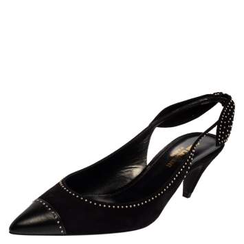 Pre Owned Saint Laurent Black Studded Suede And Leather Slingback Pumps Size 37.5