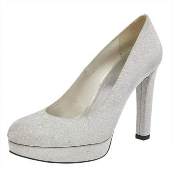 Pre Owned Stuart Weitzman Metallic Silver Glitter Platform Pumps Size 38.5