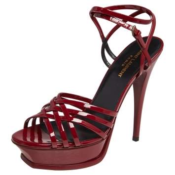 Pre Owned Saint Laurent Red Patent Leather Tribute Cage Platform Sandals Size 39