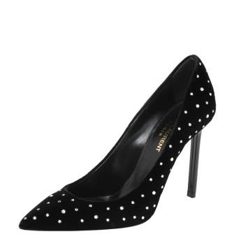 Pre Owned Saint Laurent  Black Velvet Anja 105 Crystal-Embellished Pumps Size 36.5