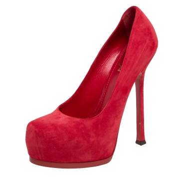 Pre Owned Saint Laurent Red Suede Leather Tribtoo Platform Pumps Size 38.5