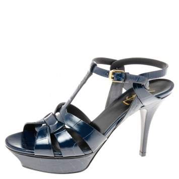 Pre Owned Saint Laurent Navy Blue Croc Embossed Leather Tribute Sandals Size 40