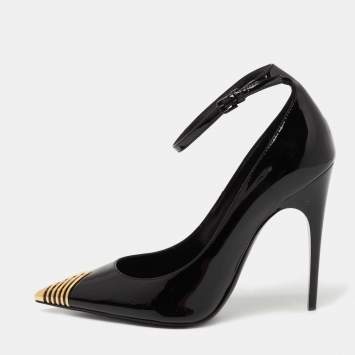 Pre Owned Saint Laurent Black Patent Leather Newton Ankle-Strap Pumps Size 36.5