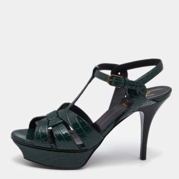 Pre Owned Saint Laurent Green Croc Embossed Leather Tribute Platform Sandals Size 39