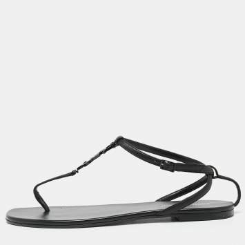 Pre Owned Saint Laurent Black Leather Cassandra T-Strap Flat  Sandals Size 38.5