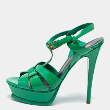 Pre Owned Saint Laurent Green Patent Leather Tribute Sandals Size 38