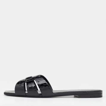 Pre Owned Saint Laurent Black Croc Embossed Patent Leather Tribute Flat Slide Sandals Size 38