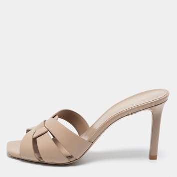 Pre Owned Saint Laurent Beige Leather Tribute Slide Sandals Size 38.5