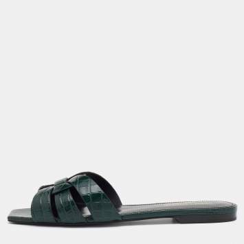 Pre Owned Saint Laurent Dark Green Croc Embossed Leather Tribute Flats Size 38.5