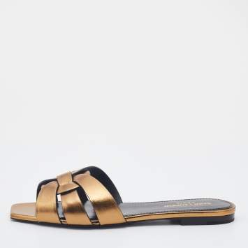 Pre Owned Saint Laurent Gold Leather Tribute Flat Slides Size 38.5