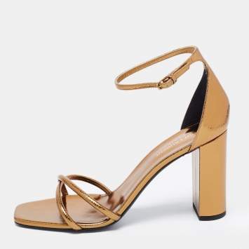 Pre Owned Saint Laurent Gold Leather Ankle Strap Sandals  Size 40