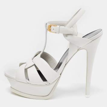 Pre Owned Saint Laurent White Leather Tribute Platform Sandals Size 37.5