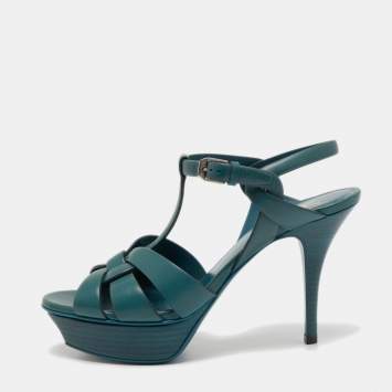 مملوكة مسبقًا Saint Laurent Teal Leather Tribute Platform Sandals Size 38