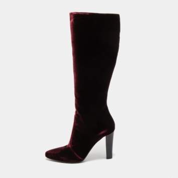 Pre Owned Saint Laurent Paris Burgundy Velvet Knee High Boots Size 39 