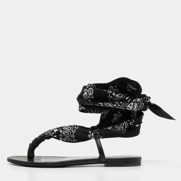 Pre Owned Saint Laurent Paris Black/White  Leather and Fabric Ankle Wrap Flat Sandals Size 37