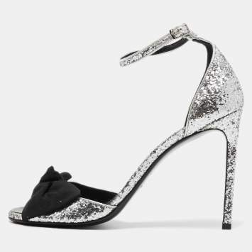 مملوكة مسبقًا Saint Laurent Silver/Black Coarse Glitter and Fabric Jane Bow Ankle Strap Sandals Size 40
