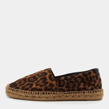 Pre Owned Saint Laurent Brown Suede Leopard Print Espadrille Flats Size 37.5