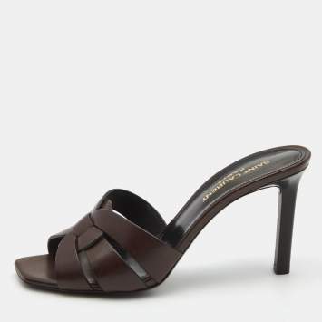 Saint Laurent Paris Brown Leather Tribute Slides Size 37