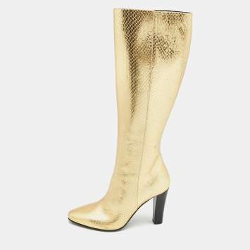 Pre Owned Saint Laurent Gold Python Embossed leather Knee Length Boots Size 37