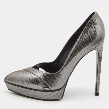 Pre Owned Saint Laurent Grey Lizard Embossed Leather Platform Pointed Toe Pumps Size 39