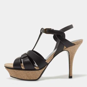 Pre Owned Saint Laurent  Black/Cream Leather And Raffia Tribute Sandals Size 37