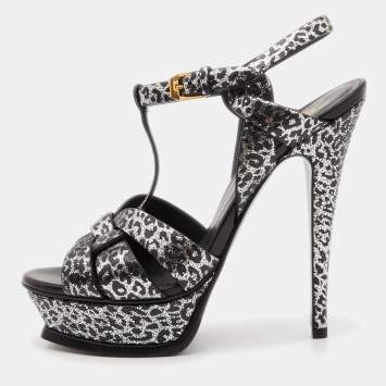 Pre Owned Saint Laurent Silver/Black Leopard Print Glitter Suede Tribute Sandals Size 37