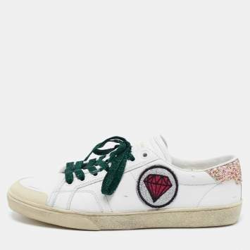 Pre Owned Saint Laurent White Leather Court Classic SL/37 Diamond Patch Sneakers Size 40