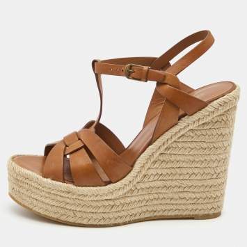 Pre Owned Saint Laurent Paris Tan Leather Tribute Espadrille Platform Wedge Sandals Size 40.5