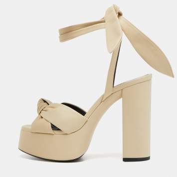 Pre Owned Saint Laurent Cream Leather Bianca Ankle Tie Sandals Size 37.5