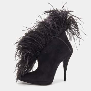 Pre Owned Saint Laurent Black Suede and Feather Zizi Ankle Booties Size 39