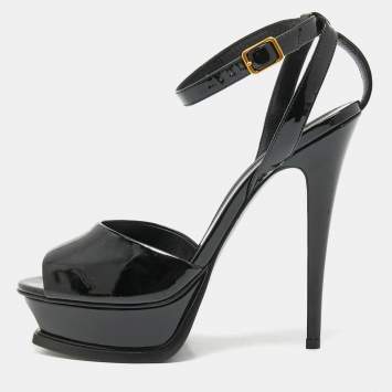 Pre Owned Saint Laurent Paris Black Patent Leather Tribute Lips Platform Ankle Strap Sandals Size 39