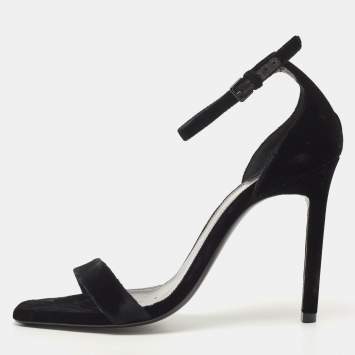 Pre Owned Saint Laurent Black Velvet Amber Ankle Strap Sandals Size 39.5