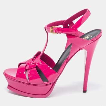 Pre Owned Saint Laurent Paris Pink Leather Tribute Platform Sandals Size 40.5