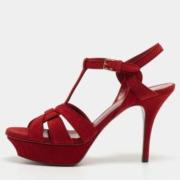 Pre Owned Saint Laurent Red Glitter Suede Tribute Platform Sandals Size 38.5