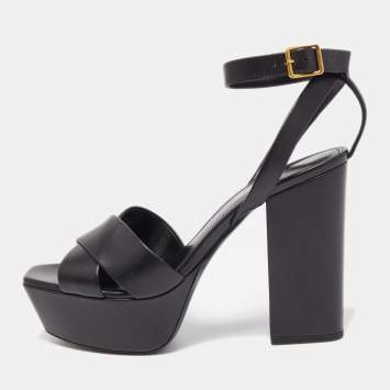 Pre Owned Saint Laurent Black Leather Tribute Platform Sandals Size 39.5