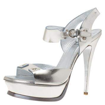 Pre Owned Saint Laurent Paris Metallic Silver Leather Ankle Strap Platform Sandals Size 41