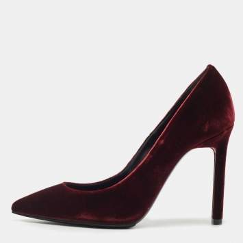Pre Owned Saint Laurent Burgundy Velvet Pointed Toe Pumps Size 35.5