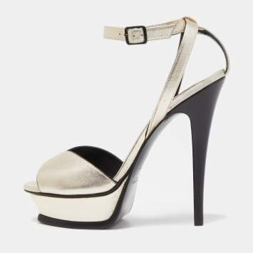 Pre Owned Saint Laurent Metallic Leather Lips Ankle Strap Sandals Size 38