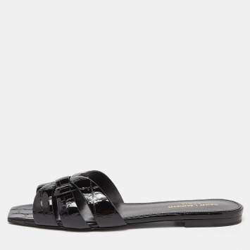 Pre Owned Saint Laurent Black Croc Embossed Patent Leather Tribute Flat Slides Size 38.5