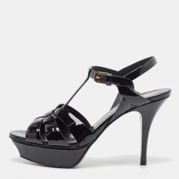Pre Owned Saint Laurent Black Patent Tribute Sandals Size 38