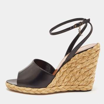 Pre Owned Saint Laurent Black Leather Espadrille Wedge Sandals Size 37.5